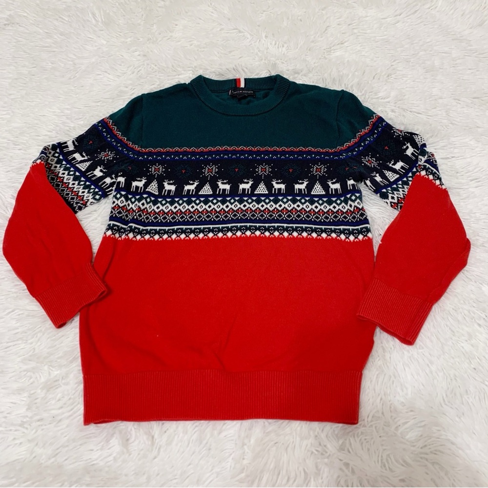Tommy Hilfiger boy's long sleeve crew neck Red Green fair isle Christmas Sweater